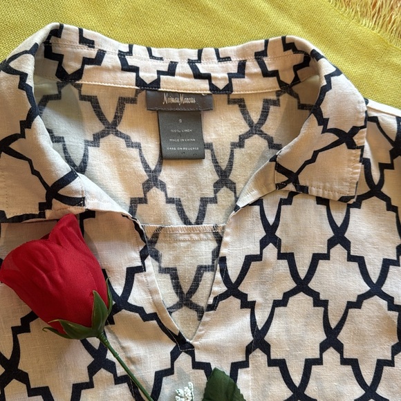 🩷 NEIMAN MARCUS; Classy & Upscale Geometric Black/White 100% LINEN Tunic; Sz. S! - Picture 6 of 10